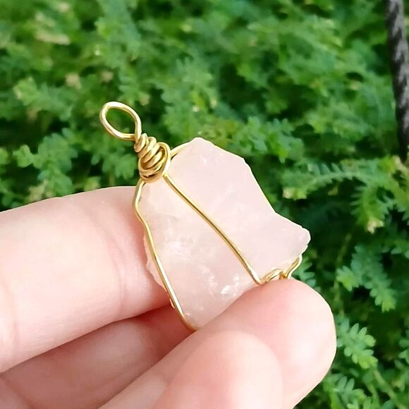 Raw Rose Quartz Crystal Pendant, Wire Wrapped Gemstone Jewelry 1.5" - Picture 2 of 3